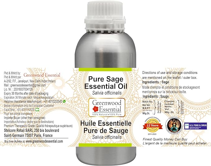 Greenwood Essential Pure Sage Essential Oil (Salvia officinalis) Steam Distilled 300ml (10.1 oz)