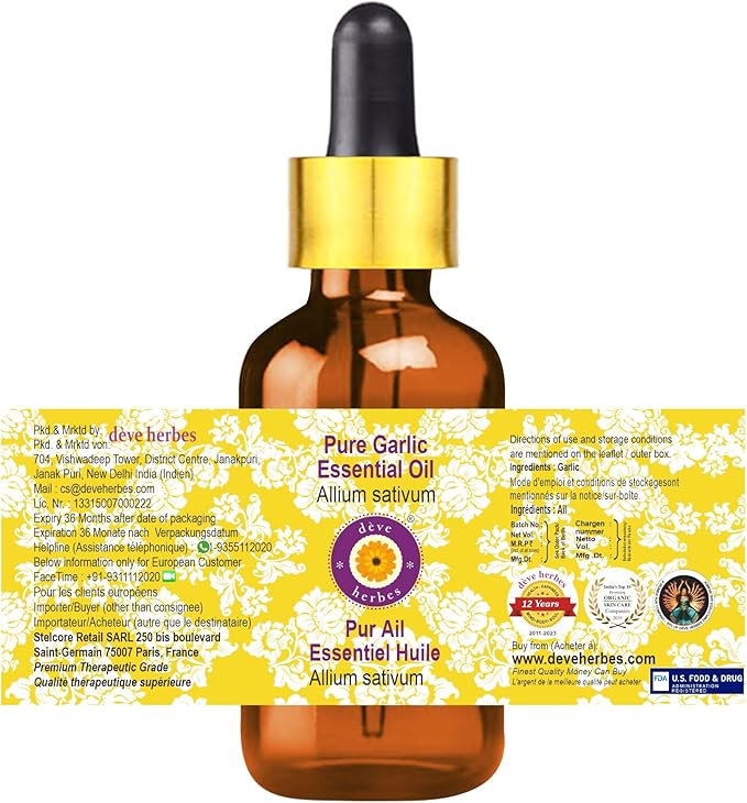 Deve Herbes Pure Garlic Essential Oil (Allium sativum) with Glass Dropper Steam Distilled (Pack of Two) 100ml X 2 (6.76 oz)