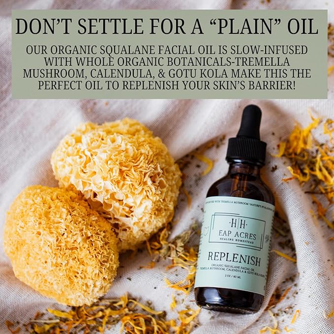 Organic Facial Oil for Dry, Sensitive, Mature skin–Organic Squalane oil Infused with Organic Tremella Mushroom/Calendula/Gotu Kola–Lightweight, Hydrating, Gentle, Soothing, Nourishing (REPLENISH)