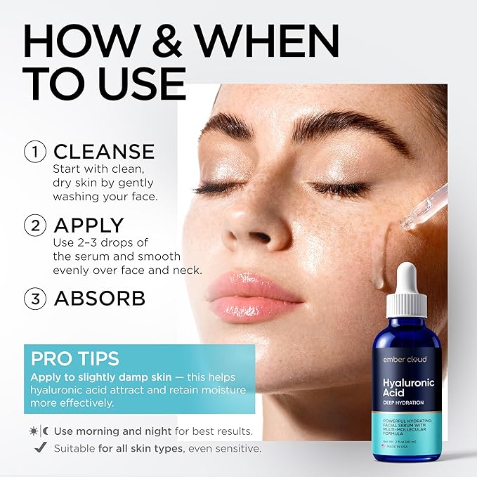 Hyaluronic Acid Serum for Face (2 Oz) for Skin and Lips - Hydrating & Moisturizing Serum for All Skin Types, Paraben-Free & Fragrance-Free