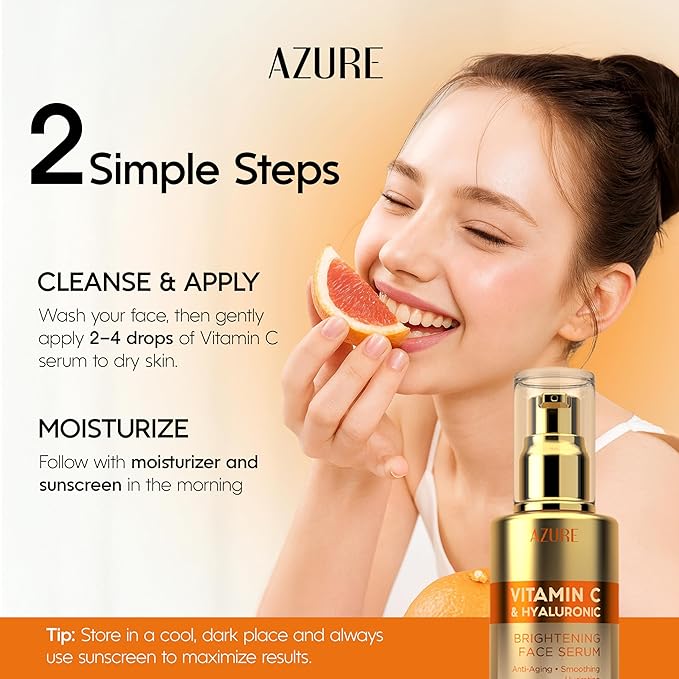 Azure Cosmetics Vitamin C Serum For Face - Dermatologist Tested, Anti-Aging with Hyaluronic Acid for Dark Spots, Fine Lines & Wrinkles - Brightning, Clean, Korean Skincare for Glass Skin - 2 Pack