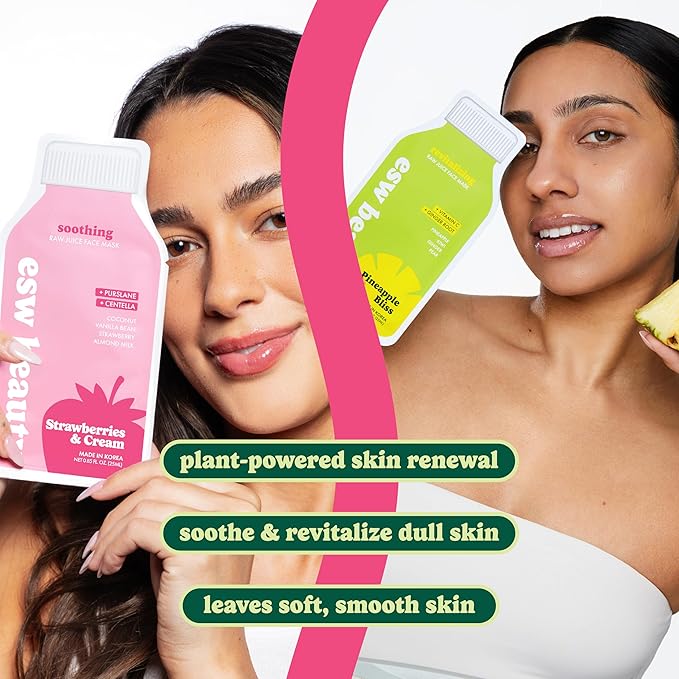 ESW Beauty Revitalizing & Soothing Face Masks - 2-Pack Raw Juice Sheet Mask Set - Radiance & Calming Skincare Set - Includes Pineapple Bliss & Strawberries & Cream