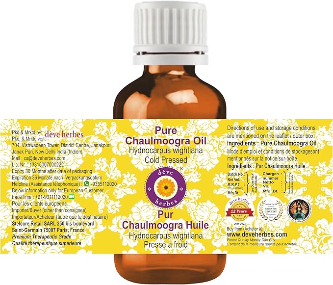 dève herbes Chaulmoogra Oil (Hydnocarpus wightiana) | Cold Pressed | Pure | Natural | Undiluted | for Diluting Essential Oils | for Skin & Massage | Non-Sticky | Lightweight | Unisex | 50ml (1.69 oz)
