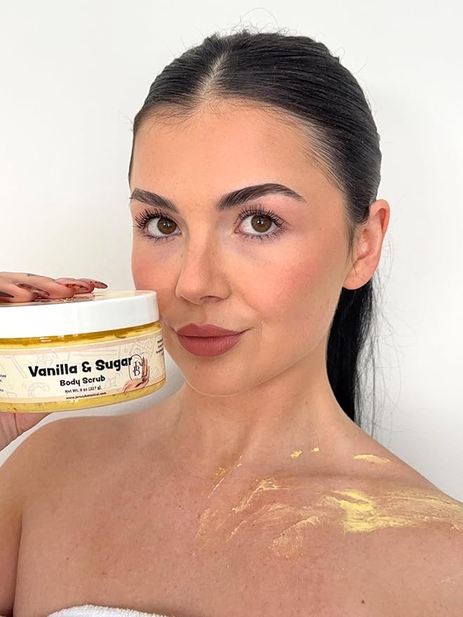 Jersey Botanical Shea Sugar Body Scrub – Exfoliating, Hydrating & Moisturizing Skin Care with Shea Butter, Smooth & Soften Skin, 8 oz (Birthday Cake)