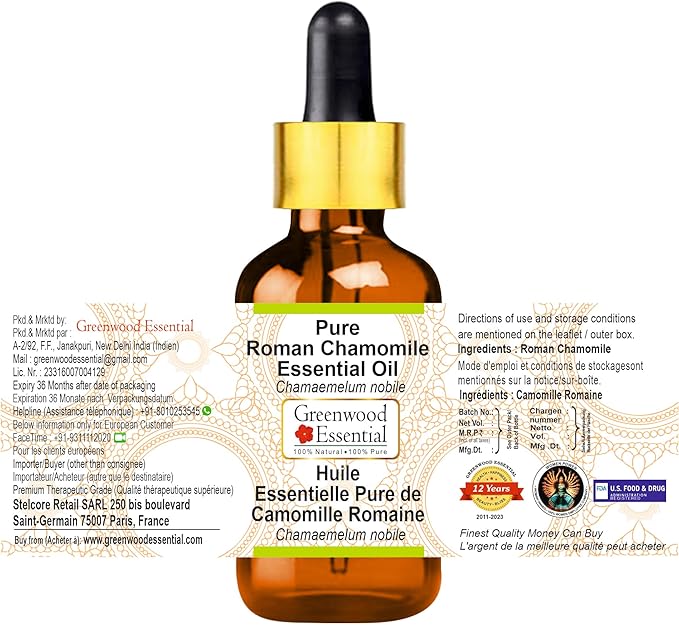 Greenwood Essential Pure Roman Chamomile Essential Oil (Chamaemelum nobile) with Glass Dropper Steam Distilled 50ml (1.69 oz)