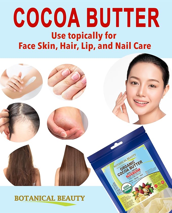 Botanical Beauty Organic COCOA BUTTER WILD GROWTH RAW VIRGIN UNREFINED from BRAZIL for Face, Skin, Hair, Body, Nails 1LB 454 gram. Rich in Vitamin E