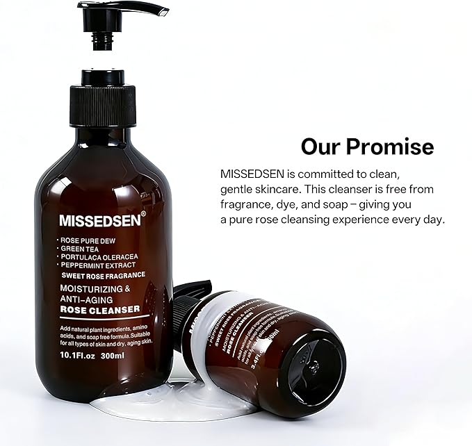 Rose Facial Cleanser Makeup Remover, Daily Face Wash Gentle Deep Pore Cleansing for Dry,Sensitive,Oily & Combination Skin Soap Free,Fragrance Free,Dye Free 10.1 fl. oz+3.4 fl. oz Travel Size