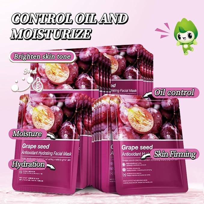 Hydrating Facial Mask Sheet Set of 5, Moisturizing Face Mask for Smooth and Supple Skin, Refreshing Self Care Beauty Grape Seed One Size