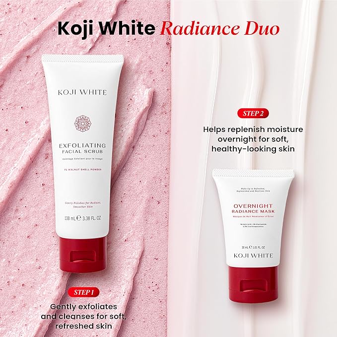 Koji White Exfoliating Facial Scrub | Kojic Acid Face Wash, Gentle Daily Scrubber & Exfoliator for Radiant with 1% Walnut Shell, AHA, Hyaluronic Acid for Uneven Skin Tone, Vegan Skincare, 3.38 Fl Oz