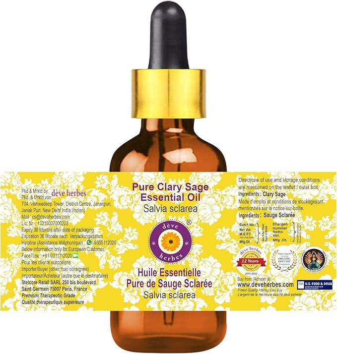 Deve Herbes Pure Clary Sage Essential Oil (Salvia sclarea) with Glass Dropper Steam Distilled 10ml (0.33 oz)