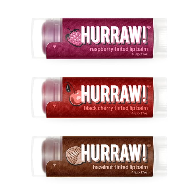 Hurraw! Raspberry Tinted, Black Cherry Tinted, Hazelnut Tinted Lip Balms, 3 Pack Bundle: Organic, Vegan, Cruelty & Gluten Free. Non-GMO, 100% Natural. Bee, Shea, Soy & Palm Free. Made in USA