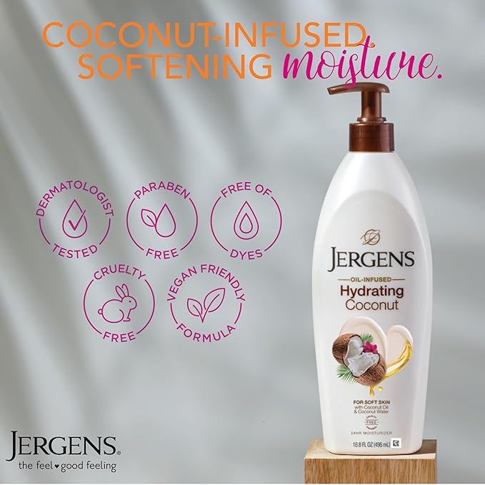Jergens Hydrating Coconut Body Lotion,Hand and Body Moisturizer,Infused with Coconut Oil,Hydrates Dry Skin Instantly,Dermatologist Tested,16.8 oz,(Pack of 2)