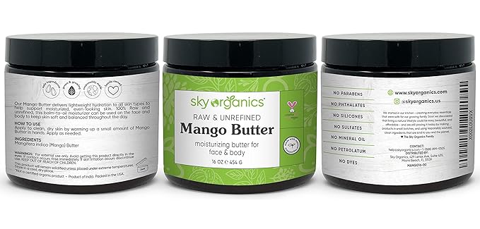 Sky Organics Mango Butter for Body & Face, 100% Raw and Unrefined Nourishing Butter for Light, Daily Hydration and Promotes Soft, Smooth, Heathy-Looking Skin, Suitable for Normal to Dry Skin, 16 Oz