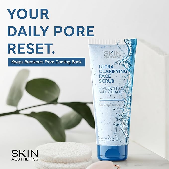 Skin Aesthetics Face Scrub with Hyaluronic & Salicylic Acid – Deep Cleansing, Hydrating & Exfoliating Face Wash For Blackheads & Acne-Prone Skin – Dermatologist Tested, Korean Skin Care – 6.76 Fl Oz