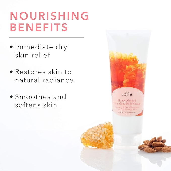 100% PURE Nourishing Body Cream, Honey Almond, Body Lotion for Dry Skin, Anti-Aging, Moisturizing Cocoa Butter, Natural Body Lotion - 8 Fl Oz