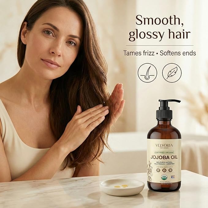 Organic Jojoba Oil - 100% Pure, Cold Pressed, Unrefined Non-GMO for Skin, Hair & Nails 16oz - Glass bottle with pump