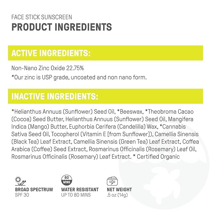 Raw Elements Face All-Natural Mineral Sunscreen Stick, Non-Nano Zinc Oxide, 95% Organic, Water-Resistant 80 Min, Reef Safe, All Ages Safe, SPF 30+, Travel Sunblock 0.5 oz