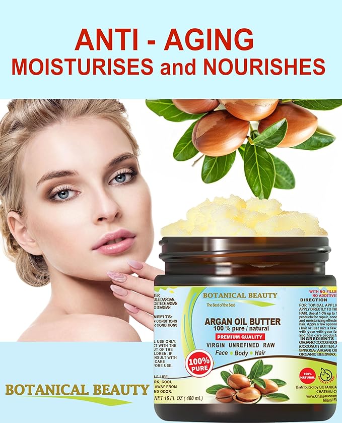 Botanical Beauty ARGAN OIL BUTTER RAW 100% Pure Natural VIRGIN UNREFINED Cold-Pressed for Face, Skin, Body, Hair, Lip, Nails. Rich in Vitamin E (16 Fl Oz)