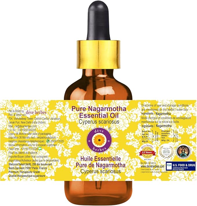 dève herbes Nagarmotha Essential Oil (Cyperus scariosus) with Glass Dropper | Pure | Non-Sticky | Non-Greasy | Lightweight | Men & Women | All Skin Types | Steam Distilled 30ml (1 oz)