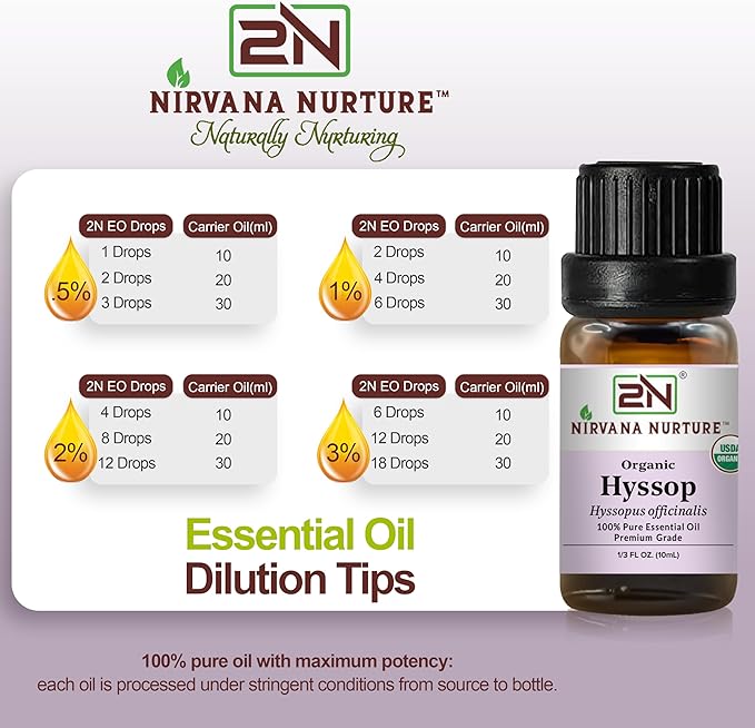 Hyssop Essential Oil, USDA Certified Organic, 100% Pure Undiluted, Aromatherapy Oil for Diffuser, Hair & Skin Care