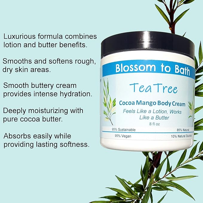Blossom to Bath Tea Tree Cocoa Mango Body Cream (8 Ounce) - Pure Essential Oil Fragrance - Feels Like A Lotion And Works Like A Butter with an Invigoratingly Clean Scent