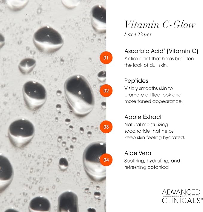 Advanced Clinicals Vitamin C Glow Facial Mist Toner for Face W/Rosewater, Ferulic Acid, & Peptides. Vitamin C Antioxidant Moisturizer Face Mist Provides Instant Skin Hydration, Non-Greasy, 8 Fl Oz