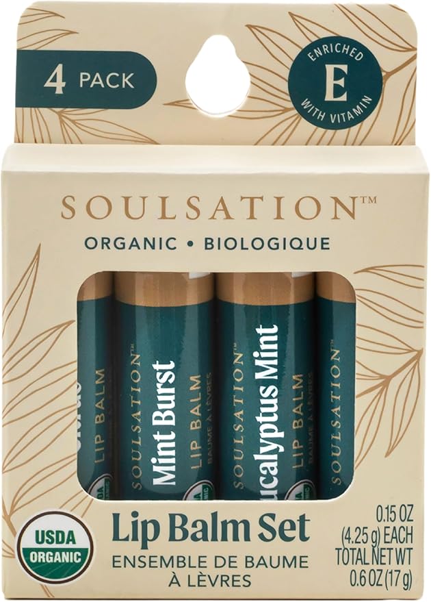 Soulsation Organic Lip Balm Set, 4 Flavors - Moisturizing for Cracked & Dry Lips