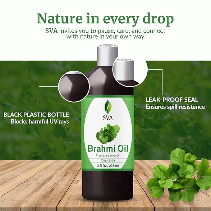 SVA Brahmi Oil - 8 Fl Oz – 100% Natural Cold Pressed Brahmi Oil - for Face, Skin Care, Hair Care, Scalp Massage & Body Massage – Carrier Oil with Pump
