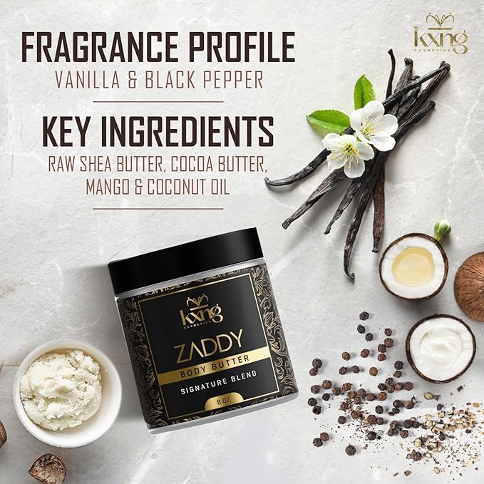 KXNG Cosmetics Organic Shea Body Butter Cream – 8oz | Deep Hydrating Body Butter for Men & Women with Shea, Cocoa, Mango & Coconut Oil | Moisturizer for All Skin Types, Hands & Feet – Zaddy XL