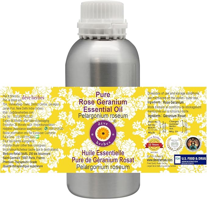 Deve Herbes Pure Rose Geranium Essential Oil (Pelargonium roseum) Steam Distilled 630ml (21 oz)