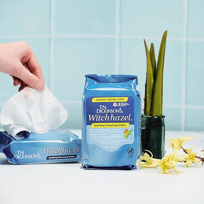 T.N. Dickinson's Witch Hazel 100% Natural Astringent 8 fl oz and Soothing Cleansing Cloths 25 Count