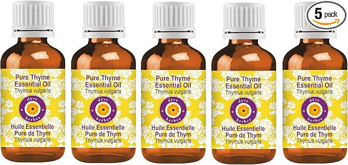 Deve Herbes Pure Thyme Essential Oil (Thymus vulgaris) Steam Distilled (Pack of Five) 100ml X 5 (16.9 oz)