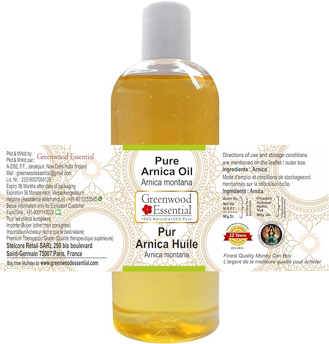 Greenwood Essential Arnica Oil (Arnica montana) | Infused | Pure | Non-Sticky | Lightweight | For Massage Preparations | Natural | Ayurvedic | For Men & Women | All Skin Types | 200ml (6.76 oz)