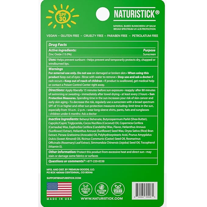Naturistick UV Pro® Mineral SPF 30 Lip Balm – Spearmint (5-Pack), Broad Spectrum Sun Protection