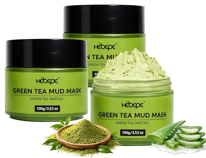 Green Tea Matcha Mud Mask with Aloe Vera (Pack of 3), Deep Cleansing, Hydrating, and Relaxing Volcanic Clay Facial Mask, 3.53 oz/100g