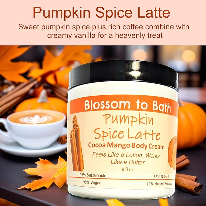 Blossom to Bath Pumpkin Spice Latte Cocoa Mango Body Cream (8 Ounce) - Phthalate Free Fragrance - Feels Like A Lotion And Works Like A Butter with a Warm Vanilla Spice Scent