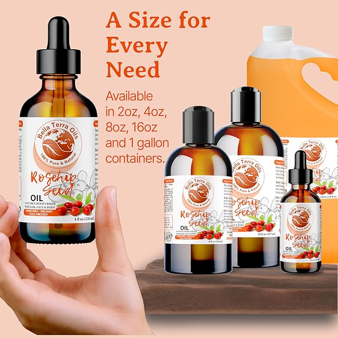 Bella Terra Oils Pure Rosehip Seed Oil for Glowing Skin and Shiny Hair – 1gallon, Rejuvenating, Moisturizing, Non-Greasy, Rich in Antioxidants