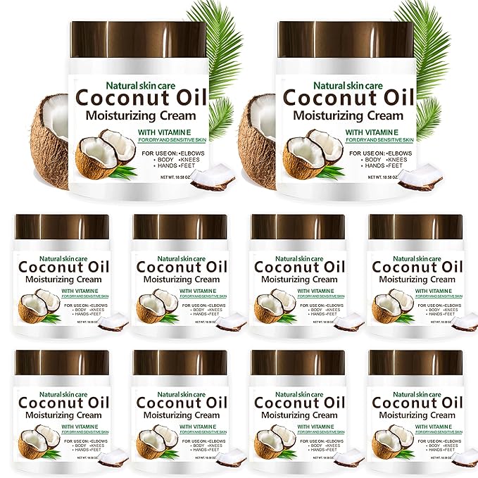 10 Packs X 300 ml Natural Coconut Oil Moisturizing Cream for Face Body Hands, Fast-Absorbing Lotion for Sensitive Skin, Non-Greasy Daily Hydration