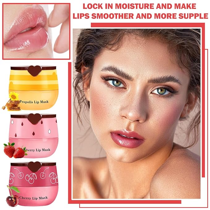 3PCS Bee Lip Balm Honey Pot Honey Strawberry Cherry Sleeping Lip Mask Silky Hydrating Bee Lip Balm Honey Lip Mask Overnight LipCare Products