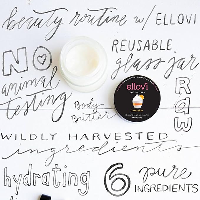 Ellovi All-Natural Body Butter - Creamsicle - Pure Enough to Eat - Made With Just 6 Vegan Ingredients - Ultra-Rich 100% Plant-Based Hydrating Moisturizer For Naturally Healthy Skin (3.4 fl. oz/100ml)