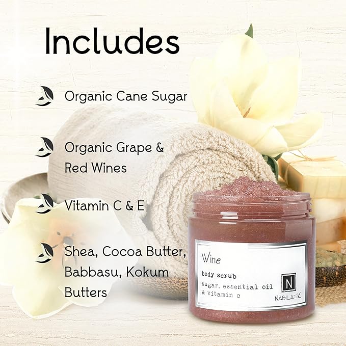 Wine Body Scrub Made in USA with Essential Oil and Vitamin C by Nabila K - Exfoliate and Moisturize for Smooth Skin - Luxury for Women & Men, 10 oz
