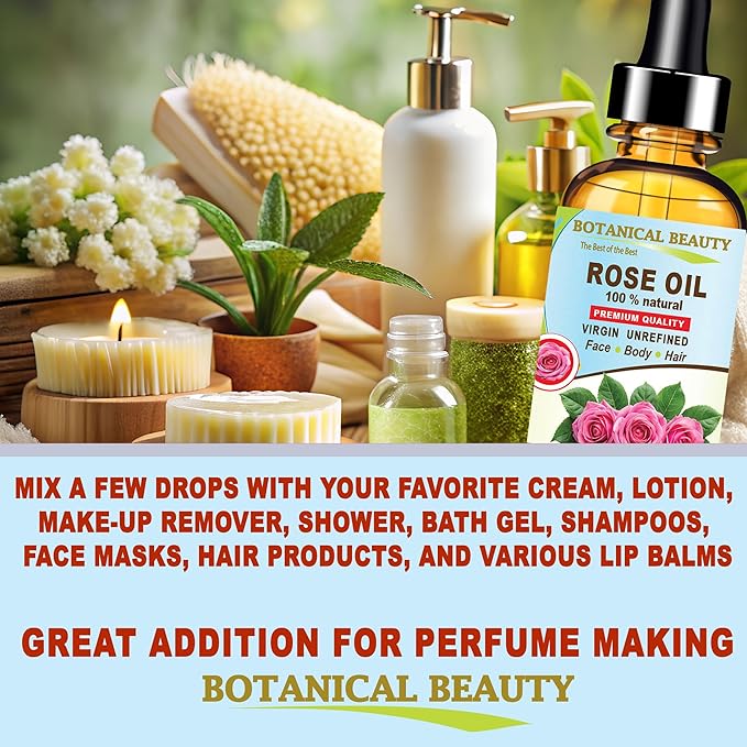 Botanical Beauty Rose Oil Rosa Damascena 100% Natural Rose Essential Oil for FACE, Skin, Body, Hair, Nails Beauty, Skin Moisturizer, Nourishing, Perfume, Soap Making (1 Fl Oz 30 ml)