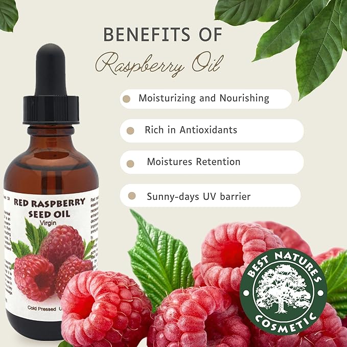 Best Nature's Red Raspberry Seed Oil – 100% Pure, Organic, Cold-Pressed – Natural Face & Hair Moisturizer – Rich in Vitamin E, Omega 3 – Anti-Aging Skincare – 2 fl oz / 60 ml