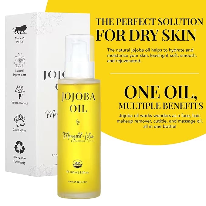 Jojoba Oil Organic Cold Pressed 3.3 oz-USDA Certified 100% Pure Organic for Hair Face Body Skin Natural Moisturizer Hexane-Free Reduce Stretch Marks Vitamin E Carrier Oils Christmas Gifts
