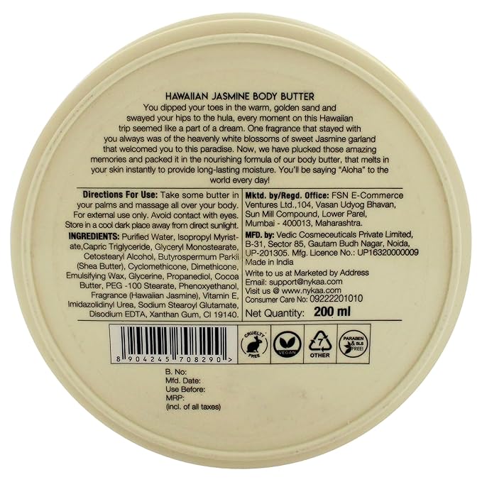 Nykaa Naturals Wanderlust Body Butter - Enriched with Shea, Cocoa Butter, and Almond Oil - Vegan, Cruelty-Free - Hawaiian Jasmine - Vegan - 6.7 oz