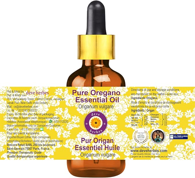 dève herbes Pure Oregano Essential Oil (Origanum vulgare) with Glass Dropper Steam Distilled 30ml (1 oz)