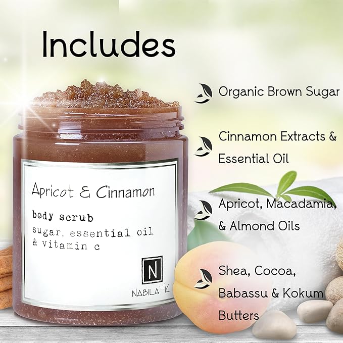 Apricot & Cinnamon Body Scrub Made in USA with Essential Oil and Vitamin C by Nabila K - Exfoliate and Moisturize for Smooth Skin - Luxury for Women & Men, 10 oz