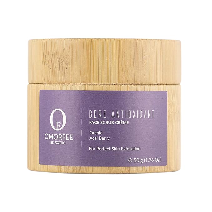 OMORFEE Organic Berè Antioxidant Face Scrub Crème | Organic Face Scrub | Acai Berry, Orchid, Plant Cellulose Beads, Turmeric, Blueberry | 50 Grams / 1.76 Oz.