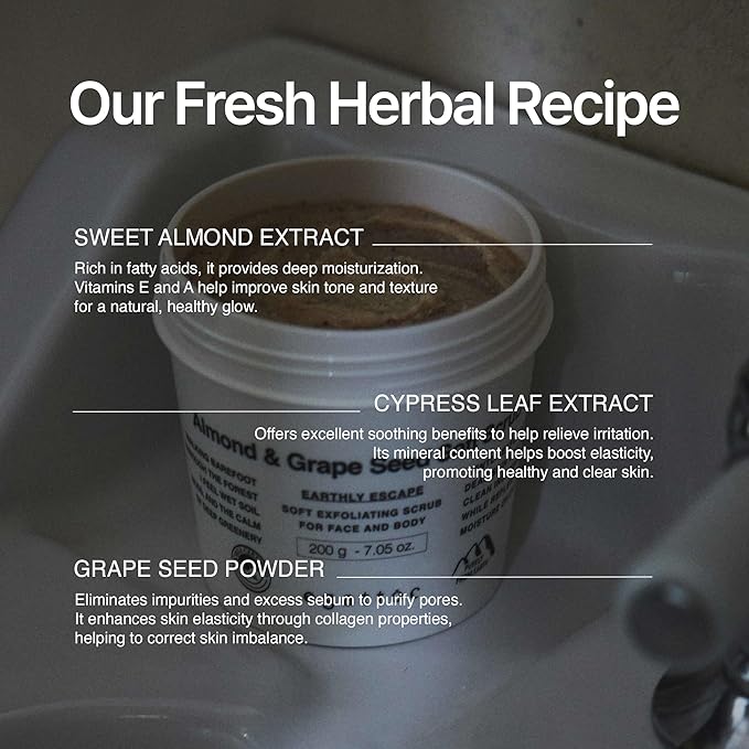 Foaming Body Scrub for Dry Skin, Almond & Grape Seed Whipped Sugar Scrub with AHA BHA PHA, Nourishing 2-in-1 Face & Body Wash Exfoliator, Cypress Leaf Extract, Dark Forest Scent, 7.05 oz