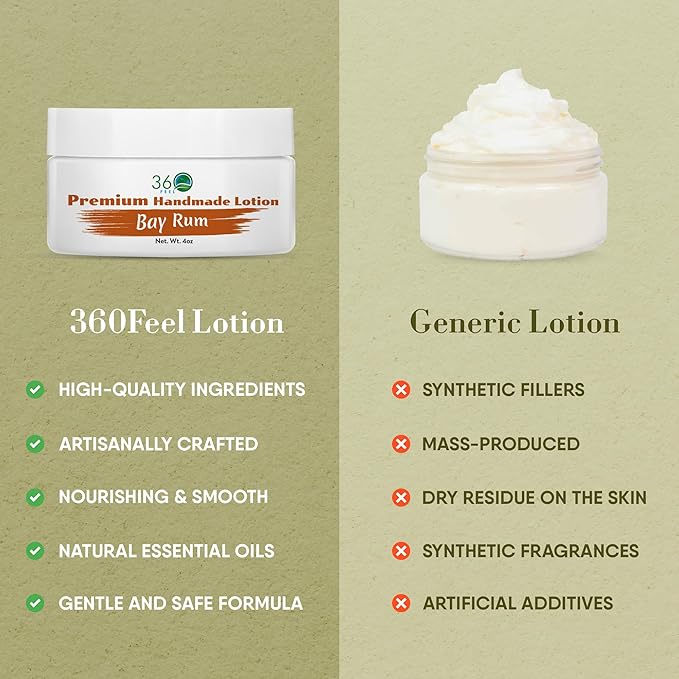 360Feel Bay Rum Body Lotion - Hydrates with Coconut & Olive Oil, Plant-Based, Non-Greasy, Sensitive Skin, All Day Use